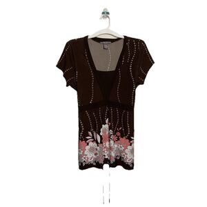 Y2k Top L Floral Boho Tie Back Retro Coquette Tunic Suzie Couture Brown Pink